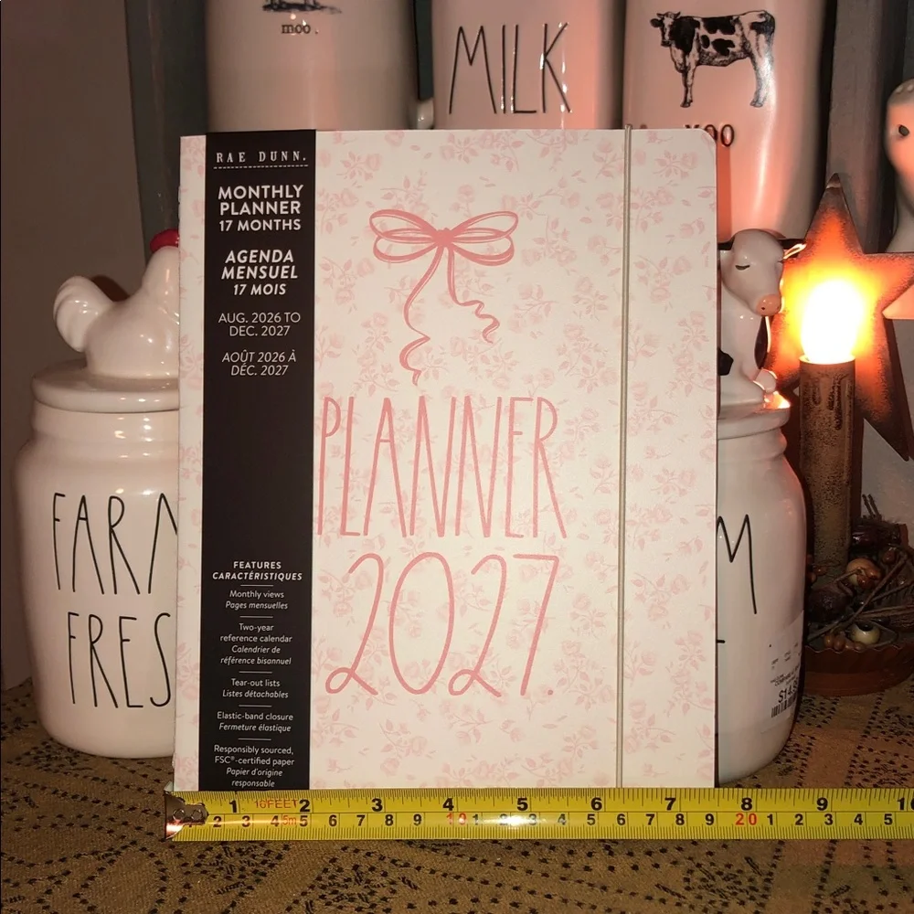 Rae Dunn PLANNER 2027. 17 Month Planner with Pink Bow and Flowers Design